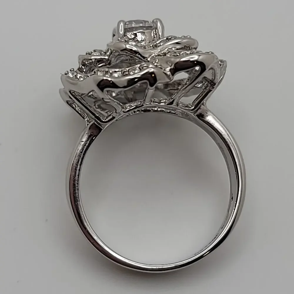 Vintage Nolan Miller Silver-tone Cubic Zirconia Floral Statement Ring